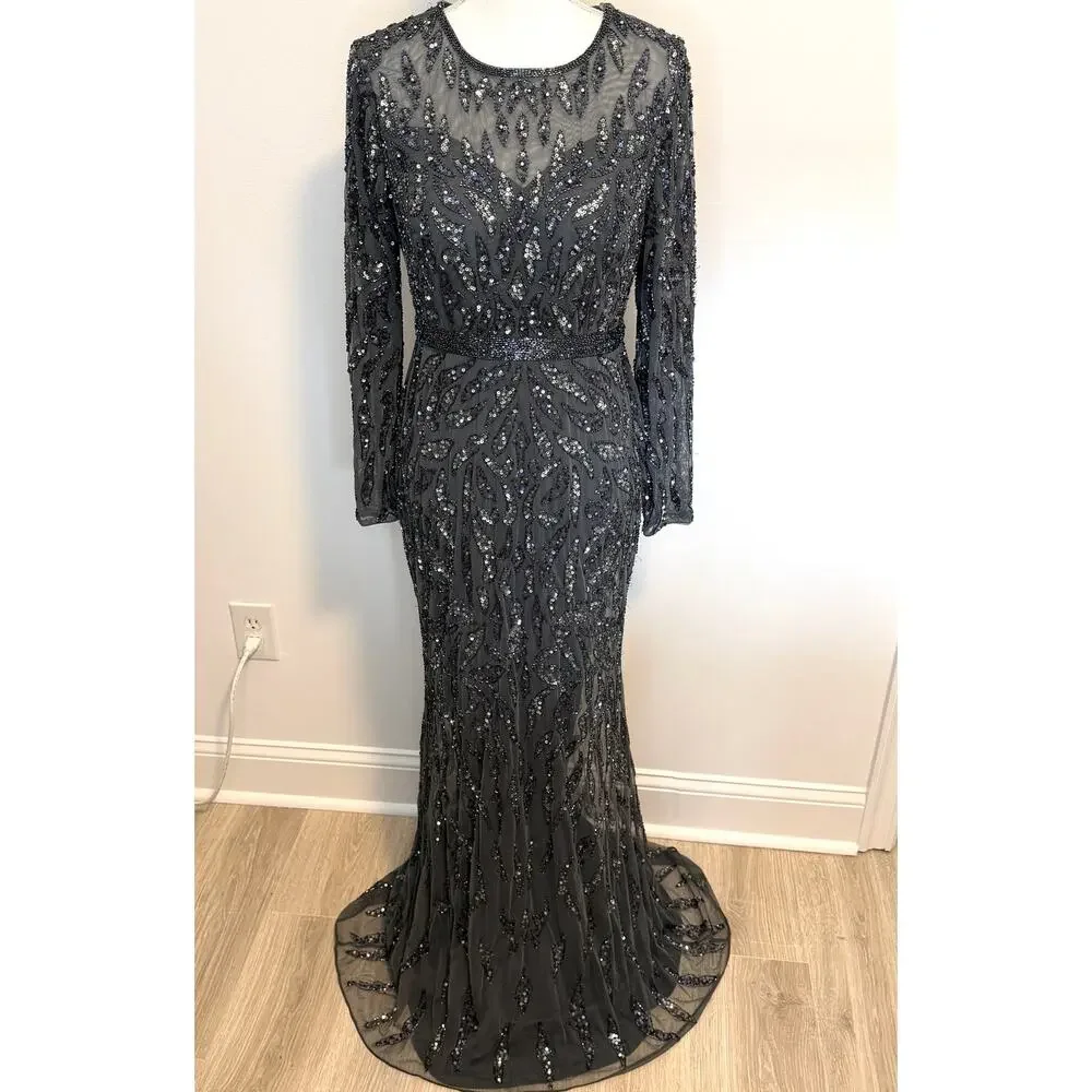 Mac Duggal 5124 Beaded Long Sleeve Evening Gown In Charcoal Size 8 New - Picture 2 of 16